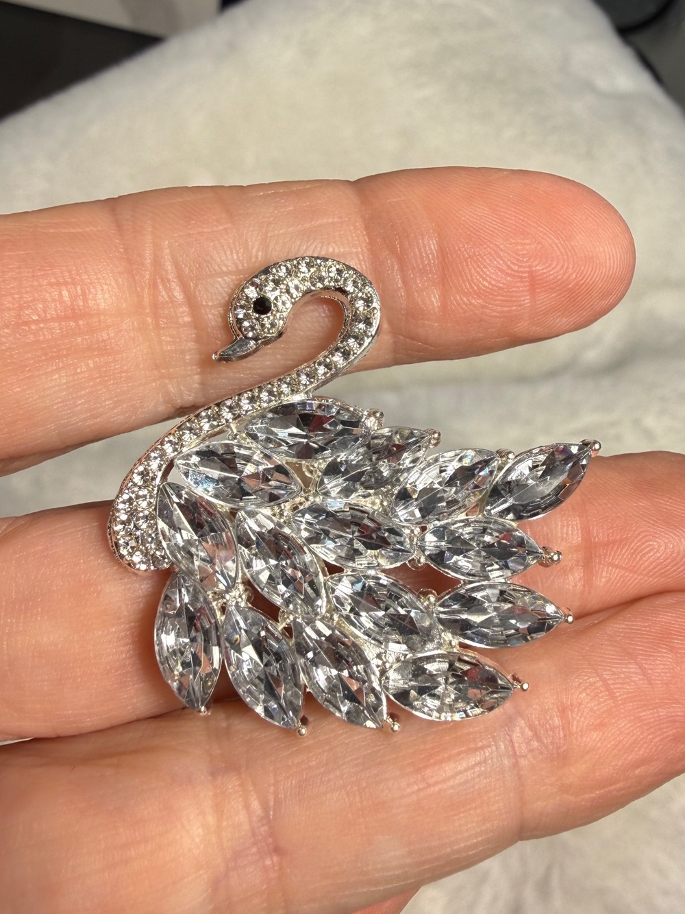 Swarovski-style Crystal Swan Brooch - Clear Silver Tones